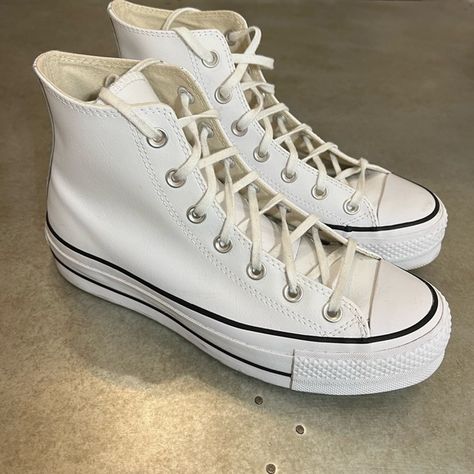 CONVERSE WHITE LEATHER HIGH TOPS (THICK SOLE) High Top White Leather Converse, Thick Sole Converse, Thick Converse, Drippy Shoes, Converse White Leather, White Leather Converse, Leather Converse, White High Tops, Converse White