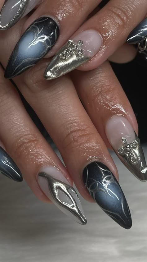 Dark Blue Nails With Silver, Elven Nails, Navy And Silver Nails, Sliver Nails, Blue Prom Nails, Y2k Nail, Blue Chrome Nails, Blue And Silver Nails, Changing Clothes