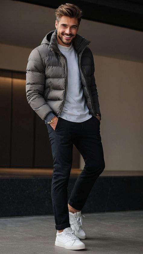 Mens Outfits With Hoodies, Casual Men Outfits Athletic, Chino Winter Outfit Men, Mens Football Game Outfit, Zara Men Outfits Winter, Mens Style 2024 Winter, Men Mountain Outfit, Men’s Sweatshirt Outfit, Men’s Winter Fit