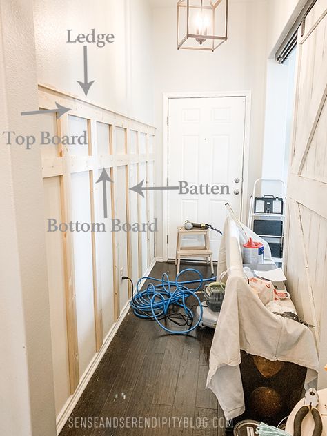 Easy DIY Board and Batten Entryway | Sense & Serendipity Diy Board And Batten Wall Entryway With Hooks, Mirror Above Board And Batten, Board And Batten Wall With Hooks Entryway, Board And Batten Entry Hallway, Entryway With Mudroom, Tall Board And Batten Hallway, Entry Board And Batten Entryway, Easy Board And Batten Wall Entryway, Board And Batten Entryway Decor