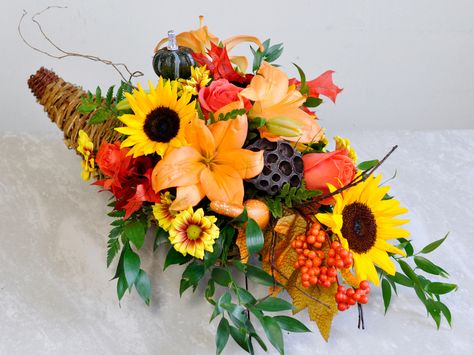 Cornucopia Fall Flower Arrangements Cornucopia, Cornucopia Centerpiece Diy, Thanksgiving Arrangements, Thanksgiving Flower Arrangements, Cornucopia Centerpiece, Thanksgiving Floral Arrangements, Thanksgiving Cornucopia, Thanksgiving Floral, Thanksgiving Flowers