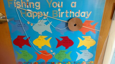 "Fishing" you a happy birthday.  I was inspired by all of the great ideas on Pinterest. Fish Bowl Birthday Board, Fishing You A Happy Birthday, Fish Theme Bulletin Boards, Fish Classroom Decorations, Fishing For A Good Book Bulletin Board, Ocean Theme Classroom Birthday Bulletin, Happy Birthday Crafts, Happy Birthday Fishing, Birthday Board Classroom