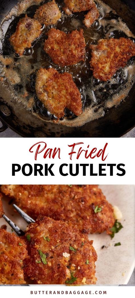 Pork Cutlets in a skillet. How To Cook Pork Cutlets, Breaded Pork Cutlets Fried, Fried Pork Tenderloin Medallions, Recipe For Pork Cutlets, Fried Pork Cutlet Recipes, Tenderized Pork Cutlet Recipes, Pork Cutlets Recipes, Pork Sirloin Cutlets, Pork Cutlet Recipes Easy