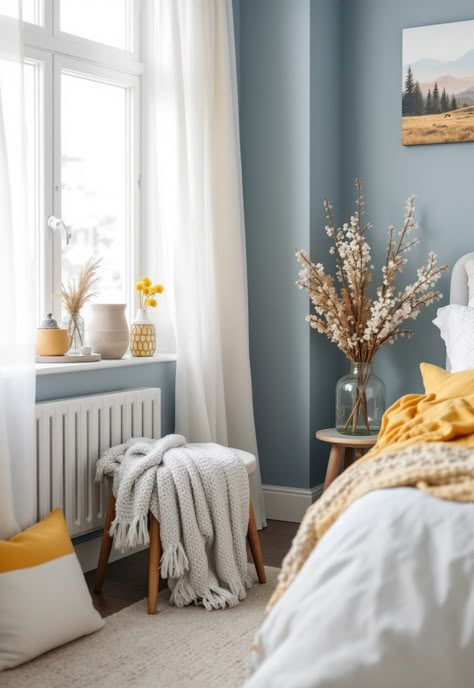 Blue and Yellow Boho Decor Soft Yellow Bedroom, Light Blue And Yellow Bedroom, Bedroom Blue And Yellow, Yellow And Blue Bedroom, Blue And Yellow Bedroom Ideas, Yellow Kids Bedroom, Ochre Bedroom, Yellow Girls Room, Comfortable Decor