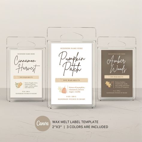 Make your homemade wax melts stand out with our premium wax melt labels. Our autumn wax melt label templates are perfect for adding a touch of seasonal charm to your products. These wax melt stickers are fully customizable and printable, making them ideal for labeling wax melts. With a modern and minimalist design, our editable wax melt labels are sure to impress your customers. Don't miss out on our fall wax melt labels and elevate your products with a stylish and professional touch.  ✦YOU WILL Packaging Wax Melts, Wax Melt Labels, Wax Melt Logo Ideas, Wax Melt Labels Design, Wax Melt Sample Packaging, Wax Melt Samples, Diy Wax Melts, Diy Wax, Foil Label