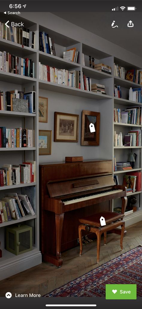 Piano Room Bookshelves, Piano Shelves Bookshelves, Piano Sitting Area, Rectangular Bay Window, Small Library Room Ideas With Desk, Shelves Over Piano, Library Room With Piano, Piano Room Office, Bookshelves With Piano