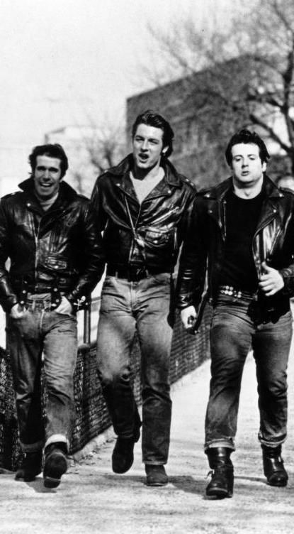 Sylvester Stallone, Henry Winkler, Perry King, and Paul Mace in The Lords of Flatbush (1974 The Lords Of Flatbush, Perry King, Henry Winkler, Richard Gere, Sylvester Stallone, Coney Island, Arnold Schwarzenegger, Motorcycle Jacket, Rocker