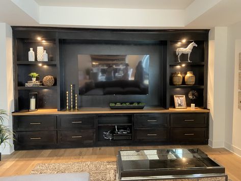 Mid Century Modern Built In Entertainment Center, Large Tv Built In, Built In Tv Wall Unit Basement, Whole Wall Entertainment Center, Big Entertainment Center Living Rooms, Black Tv Built In Wall Unit, Built In With Tv, Built In Tv Wall Unit Modern, Dining Room With Tv