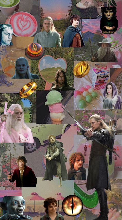 Legolas Background, Elrond Aesthetic, Legolas Wallpaper Aesthetic, Aesthetic Lord Of The Rings Wallpaper, Lotr Lockscreen Aesthetic, Lotr Collage, Legolas Wallpaper, Pink And Green Aesthetic Wallpaper, Lord Of The Rings Collage Wallpaper