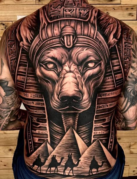 Mens Full Back Tattoo Ideas, Tattoos For Guys Back, Fullback Tattoo Design, Tattoo Guardian Angel, Full Back Tattoos For Men, Anubis Tattoo Design, Fullback Tattoo, African Sleeve Tattoo, Egyptian Tattoos