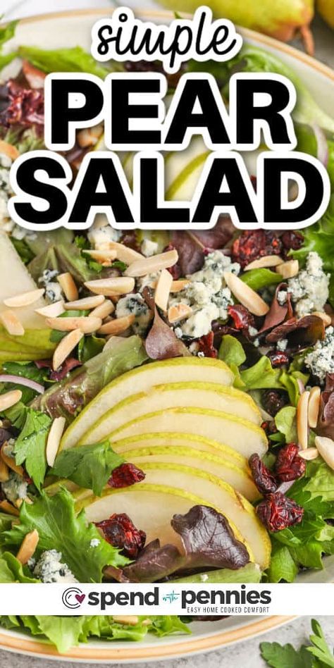 Elegant and savory-sweet, this pear salad recipe features spring greens, pears, and cheese in a homemade dressing that is perfectly balanced. It's easy to throw this gourmet salad together, with impressive results. Add-ins include arugula, goat cheese or gorgonzola, candied walnuts, or even some tangy pomegranate arils. #pearsalad #pearsaladrecipe #bestpearsaladrecipe #spendwithpennies Impressive Meals, Zucchini Latkes, Pear And Blue Cheese Salad, Cheese Salad Recipes, Pear Salad Recipes, Main Salad, Christmas Salad, Cold Salads, Affordable Recipes