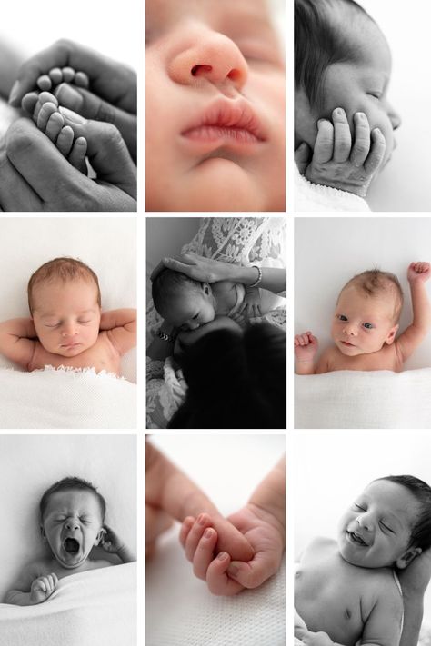 collage of newborn baby photos in colour and black and white: from little details like feet and hands to sleeping, smiling and yawning photos. Newborn Inspo Pictures, Pictures To Take With Newborn, Swaddling For Newborn Photos, Easy Newborn Photography At Home, Basic Newborn Photography, Little Boy Newborn Pictures, Diy Newborn Photo Ideas, Unique Newborn Photos, Diy Newborn Shoot At Home