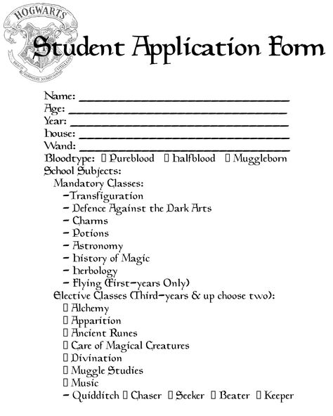 Hogwarts Student Application form (Blank)  Suggested paper: Parchment  White background edit for less ink usage Hogwarts Yearbook, Hogwarts Lessons, Hogwarts Shifting Template, Hogwarts Template, Hogwarts Notes, Hogwarts Detention Form, Hogwarts Student, Hogwarts Student Aesthetic, Hogwarts Student Id