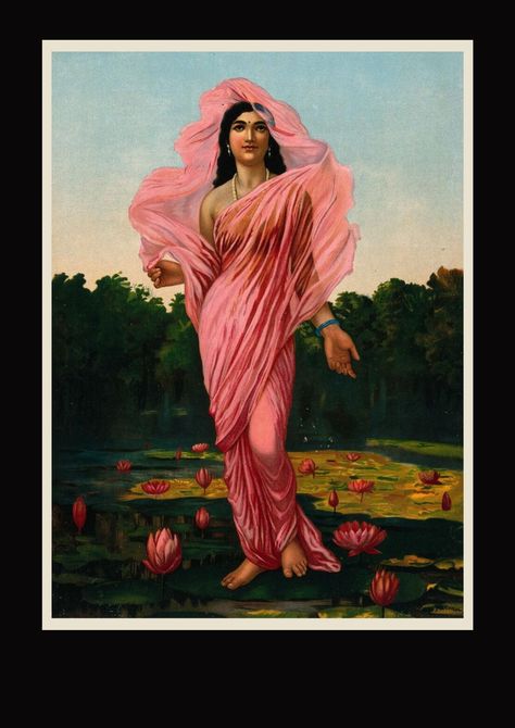 Padmini, the Lotus lady: Chromolithograph by Ravi Varma, 1848-1906. on dark background the Mindful Soul Center magazine Hindu Illustration, Ravivarma Paintings, Historical India, Ravi Varma, Raja Ravi Varma, South Asian Art, Indian Art Gallery, Lotus Pose, Vintage India