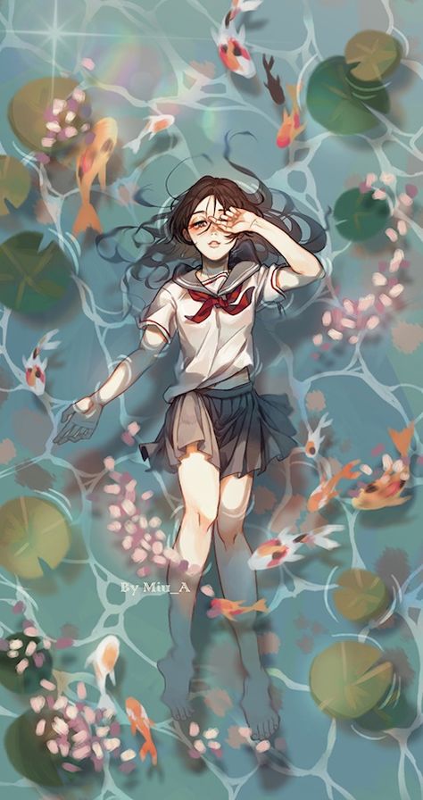 Floating In Water Drawing, Floating Reference Pose, Floating Pose Reference, Floating Poses Reference, Koi Pond Wallpaper, Floating Pose, Pond Wallpaper, Pond Drawing, Drawing Tuts