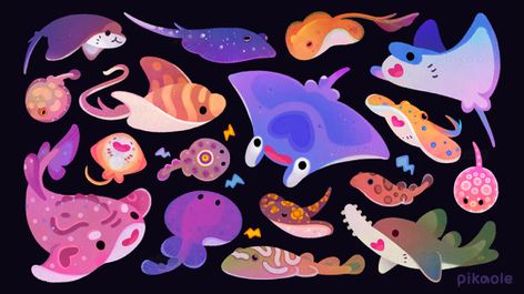 Kida Disney, Sea Creatures Art, Cute Little Drawings, Ocean Animals, Cute Animal Drawings, Kawaii Art, Stingray, Sea Animals, Cute Doodles