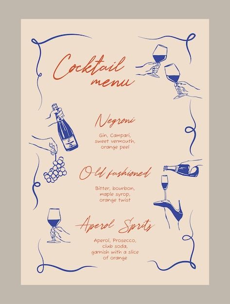 Simple Cocktail Menu Design, Summer Drinks Menu Design, Menu With Illustrations, Drink Card Design, Cocktail Menu Design Ideas, Drink Menu Design Ideas, Brunch Menu Design, Drinks Menu Design, Cocktail Branding