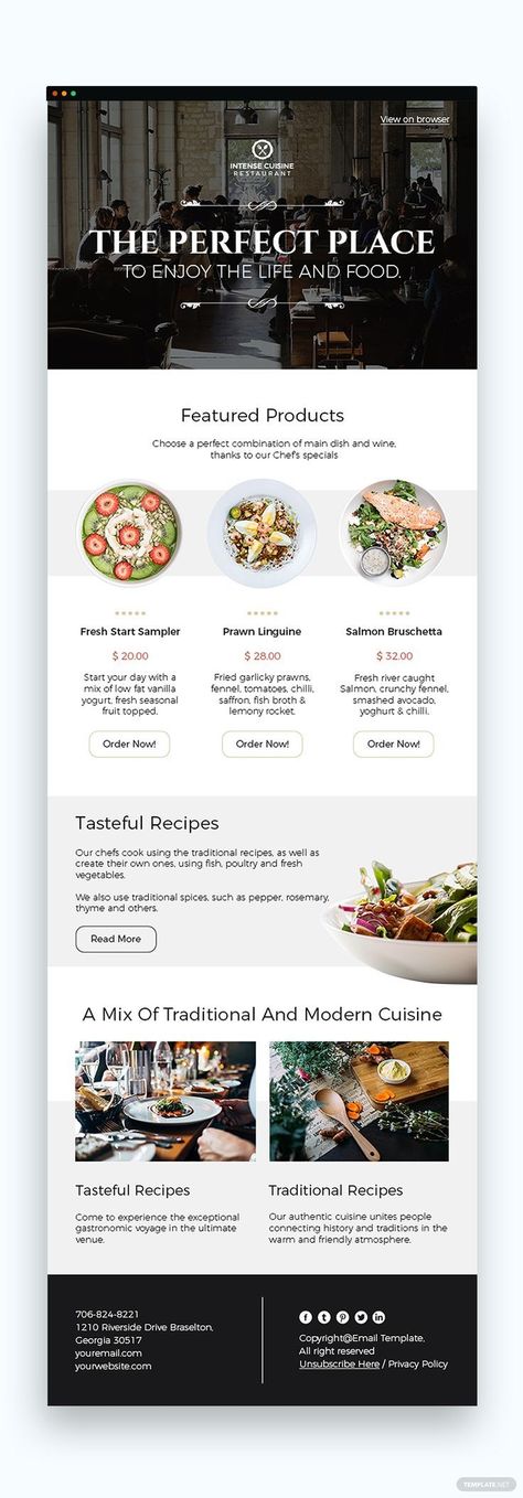 Restaurant Newsletter Design, Restaurant Email Marketing, Restaurant Email Design, Food Email Design, Restaurant Advertising Ideas, Internal Newsletter, Marketing Email Template, Restaurant Newsletter, Email Newsletter Template Design