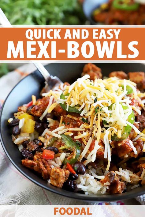 Mexi-bowls are loaded with protein, rice, beans, peppers, and a variety of toppings to keep things interesting every time you make them. The fresh ingredients and sensational homemade seasoning mix in this recipe will convince you that staying in is the perfect dinner option. #burritobowl #quickdinnerideas #foodal Mexican Bowls, Protein Rice, Homemade Seasoning, Rice Beans, Healthy Mexican, Cooking White Rice, Savoury Recipes, Perfect Dinner, Homemade Seasonings