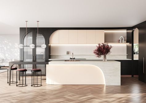 Laminex | Katie Scott unleashes her creativity with the new HPL colours Laminex Kitchen, Curved Kitchen Island, Kitchen Island Lighting Modern, Curved Kitchen, Katie Scott, Modern Minimalist Kitchen, Minimalist Kitchen Design, Kitchen Installation, Kitchen Concepts