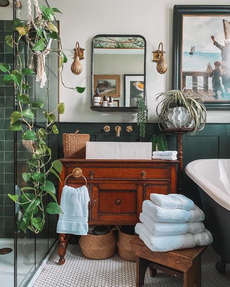 How to furnish your first home the smart way | Bricks & Mortar | The Times Small Bathroom Wainscoting Ideas, Vintage Decor Bathroom, Green Bathrooms Inspiration, Bathroom Wainscoting Ideas, Modern Vintage Bathroom, Dark Green Bathrooms, Merry Monday, Eclectic Bathroom, Modern Vintage Decor