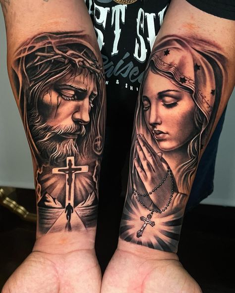 Virgin Mary Half Sleeve Tattoo, Virgin Mary Shoulder Tattoo, Catholic Virgin Mary Art, Lady Guadalupe Tattoo, Mary And Jesus Tattoo, Mama Mary Tattoo Design, Maria Tattoo Design, Virgin Mary Tattoo Forearm, Lady Of Guadalupe Tattoo