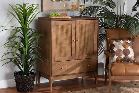 Rattan Sideboard, Mid Century Sideboard, Baxton Studio, Woven Rattan, Wood Sideboard, Mid Century Modern Design, Mid Century Design, Bar Furniture, Walnut Wood