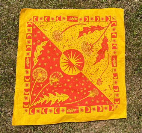 Dandelion Bandana Cotton Bandana Screen Printed Natural Bandana - Etsy Screen Print Bandana, Block Printed Bandana, Block Print Bandana, Bandana Illustration, Aesthetic Bandana, Paper Tie, Bandana Designs, Western Bandana, Yellow Bandana