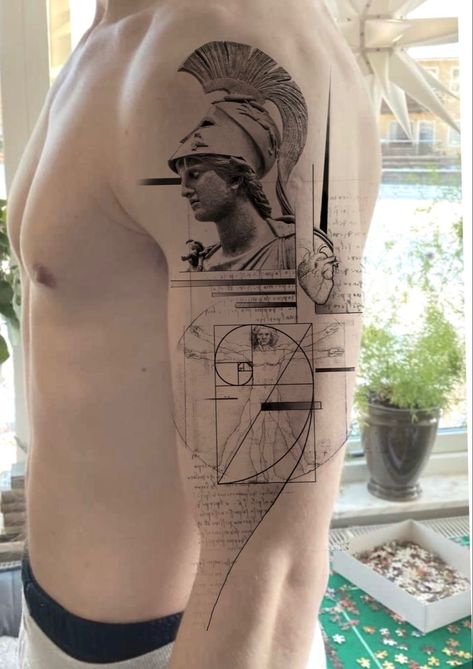 History Tattoos For Men, Men Fine Line Tattoo, Mathematics Tattoo, Fine Line Tattoo Men, Arm Tattoo Ideas For Men, Arm Tattoo Ideas, Fine Line Tattoo Ideas, Line Tattoo Ideas, Spartan Tattoo