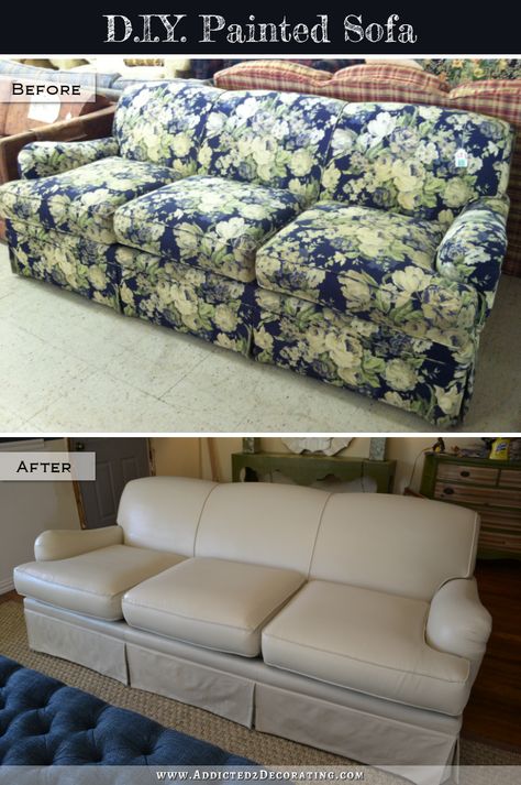 DIY Painted Sofa - before and after. Use latex paint and Delta Fabric Medium. Takes about 4 coats. Not a good solution for a couch or chair that gets a lot of daily use, but for those that don't, this is a great idea! Painting Upholstered Furniture, Painting Fabric Furniture, Painted Sofa, Paint Upholstery, Painting Fabric, Fabric Furniture, Latex Paint, After Photos, Furniture Upholstery