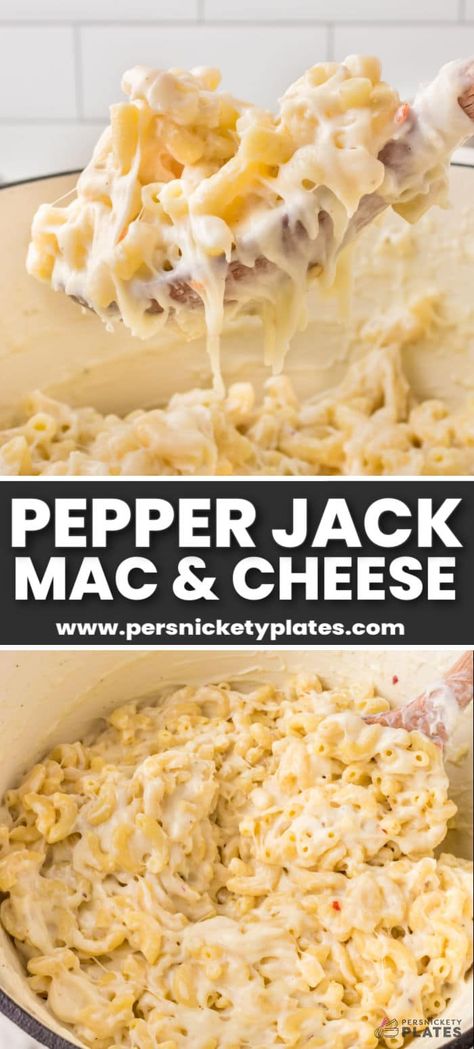 Pepper Jack Mac And Cheese Recipe, Pepper Jack Mac And Cheese, Spicy Cheese Sauce, Persnickety Plates, Spicy Mac And Cheese, Crockpot Mac And Cheese, Pasta Noodle Recipe, Spicy Cheese, Pasta Side Dishes