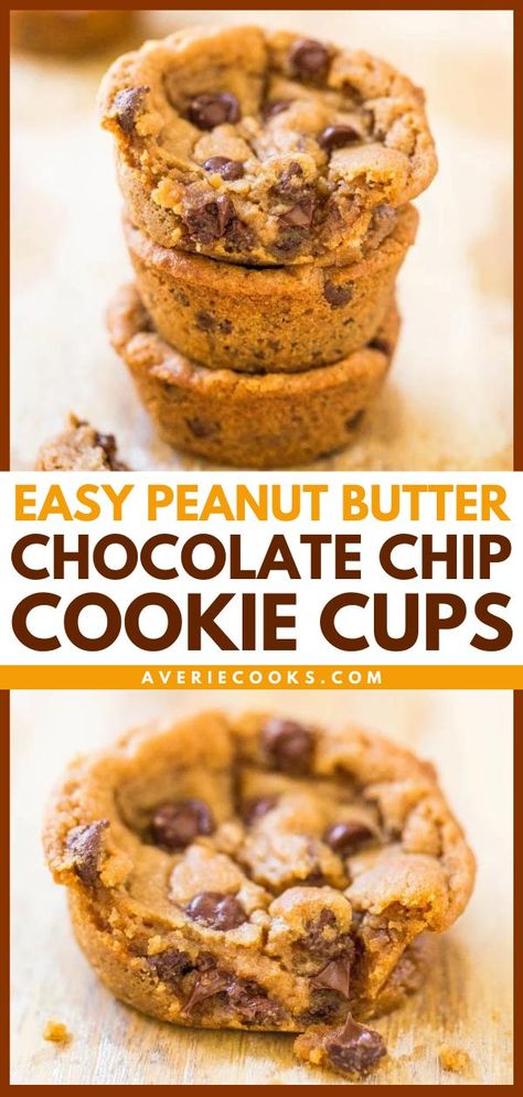 Peanut Butter Chocolate Chip Cookie Cups, easy cookie recipes, sweet treats Chocolate Chip Cookies In Muffin Tin, Chocolate Peanut Butter Cookie Cups, Peanut Butter Chocolate Chip Cookie Cups, Chocolate Chip Peanut Butter Cup Cookies, Peanut Butter Cookie Cups, Peanut Butter Chocolate Chip Cookie, Ritz Cracker Recipes, Chocolate Chip Cookie Cups, Heavenly Desserts