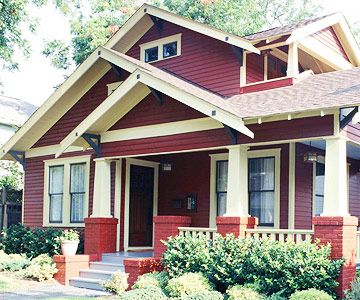 I really only like the deep red color and exposed rafter tails on this one. Not crazy about the missing post. Bungalow Style. Red Bungalow Exterior, Red Craftsman House Exterior, Maroon House Exterior, Burgundy House Exterior, Bungalow Exterior Colors, Burgundy House, Red House Exterior, House Bungalow, Best Exterior House Paint