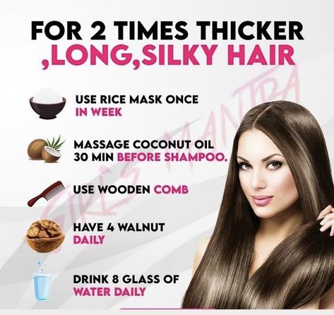 FOR 2 TIMES THICKER LONG, SILKY HAIR Long And Thick Hair Remedies, How To Get Silky Hair Naturally, Long And Thick Hair Tips, Silky Hair Remedies, Hair Mask For Thicker Hair, Silky Hair Tips, Long Hair Care Routine, Rice Mask, Homemade Hair Treatments