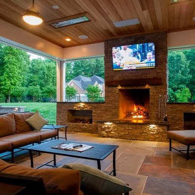 Outdoor Kitchen and fire pit - Traditional - Patio - Minneapolis - by Ispiri Design-Build | Houzz Ledgestone Fireplace, Tv Mounted, Fireplace Patio, Covered Patio Design, Outdoor Living Space Design, Outdoor Covered Patio, Living Space Design, Rustic Patio, Dream Patio