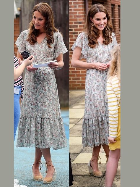 The Duchess of Cambridge debuted a beautiful summer dress with liberty print from Ridley London in June 2019 during a visit to Warren Park. Silk Dress Pattern, Liberty Fabric Dress, London In June, Duchess Dress, Liberty Print Dress, Beautiful Summer Dresses, Silk Chiffon Dress, Chiffon Midi Dress, Kate Middleton Style