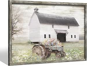 Farmhouse Barn Wooden Wall Art: Framed Rustic Country Farm Painting Old Tractor Flower Picture Vintage Countryside Field Landscape Print Artwork for Bedroom Living Room Office Decor Farm Painting, Artwork For Bedroom, Farm Landscape, Painting Old, Artwork Decor, Farm Paintings, Field Landscape, Old Tractor, Farmhouse Frames