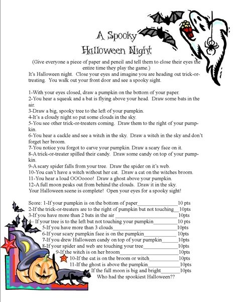 A Spooky Halloween Night Game.    A game where kids close their eyes and draw a spooky Halloween scene as you read the story.  When the story is done, they open their eyes and get to laugh at their pictures.  Points are given for how they did.   www.thejoysofboys.com Halloween Blind Drawing Game, Blind Drawing Game Ideas, Online Halloween Games, The Ghosts Dinner Activities, Thanksgiving Drawing Game, Free Halloween Games Printables, Halloween Games Printable, Blindfold Drawing Game, Fall Party Game Ideas