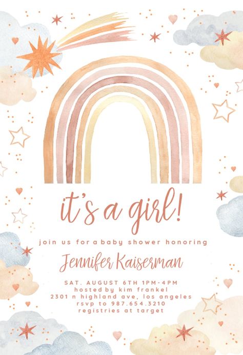 Baby Girl Invitations Templates, Boho Rainbow Invitation Template Free, Rainbow Invitations Birthday, Boho Rainbow Invitation Template, Baby Birthday Invitations Girl, Rainbow Themed Baby Shower Ideas, Baby Shower Rainbow Theme, Boho Rainbow Invitation, Rainbow Baby Shower Ideas