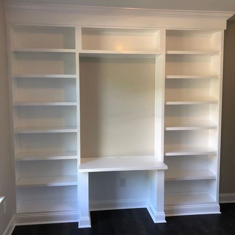 Built In Bookcase And Desk, Desk With Built In Bookshelves, Bookcase And Desk Wall, Bookshelf Desk Combo, Basement Bookcase, Hallway Bookshelf, Bookcase With Desk, Book Shelf Desk, Open Pantry Shelves