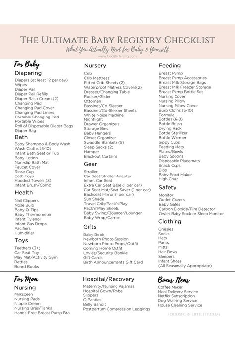 Foods For Fertility, Baby Registry Checklist Printable, Ultimate Baby Registry Checklist, New Baby Checklist, Best Baby Registry, Registry List, Baby Registry List, Baby Shower Registry, Baby Registry Items