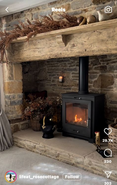 Fireplace Wood Stove, Corner Wood Stove, Wood Stove Surround, Wood Stove Hearth, Wood Burner Fireplace, Spring Mantel Decorating Ideas, Wood Burning Stoves Living Room, Mantle Styling, Mantel Decorating Ideas