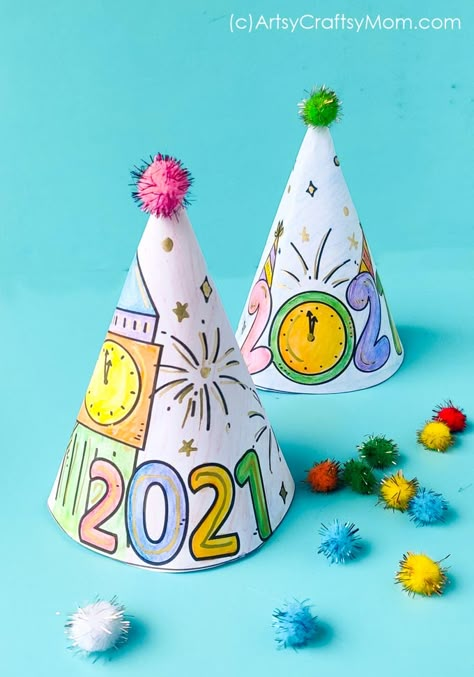 FREE 2021 New Years Eve Hats for Kids to Color - Artsy Craftsy Mom Party Hat Template Printable Free, Monthly Traditions, Hat Crafts For Kids, Winter Homeschool, Coloring Party, New Year's Eve Crafts, Happy New Year Party, Kids New Years Eve, New Years Hat