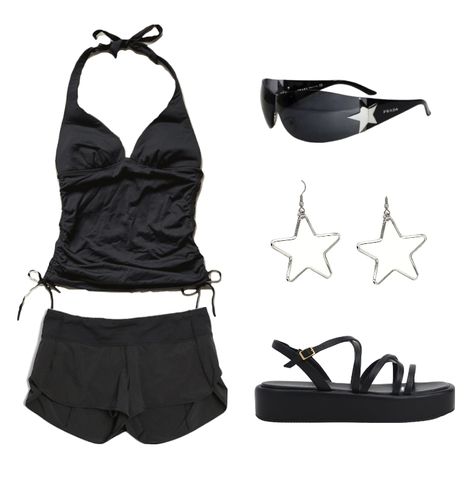 Y2k Swimsuit Outfit, Where To Buy Tankinis, Alt Swimsuit Aesthetic, Alternative Bathing Suits, Alt Swimwear, Swim Shorts Outfit, Grunge Swimwear, Alt Swimsuit, Grunge Swimsuit