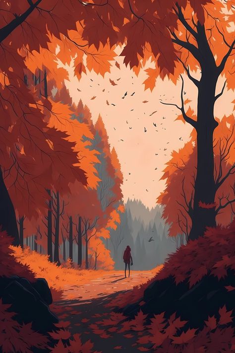 Wallpaper: Autumn vibes Fall Forest Illustration, Orange Aesthetic Drawing, Fantasy Autumn Forest, Autumn Aesthetic Drawing, Mushroom Environment, Autumn Anime Wallpaper, Autumn Aesthetic Art, Autumn Forest Illustration, Pastel Scene