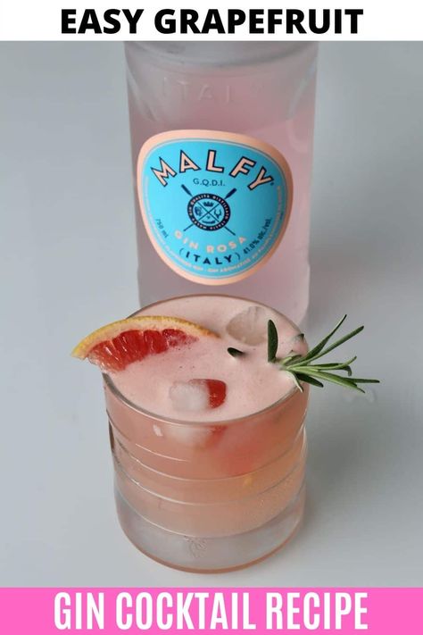 Learn how to make the best refreshing Grapefruit Gin Cocktail. Our quick & easy cocktail drink recipe features fresh pink grapefruit juice, Malfy Rosa grapefruit gin and rosemary sprig. The sparkling cocktail is both sweet and tart, a perfect alcoholic drink for a hot Spring or Summer potluck, barbecue or dinner party. Gin Mixed Drinks, Grapefruit Gin Cocktail, Grapefruit Gin And Tonic, Rose Cocktail Recipes, Pink Gin Cocktails, Rosemary Cocktail, Grapefruit Recipes, Grapefruit Cocktail, Flavoured Gin