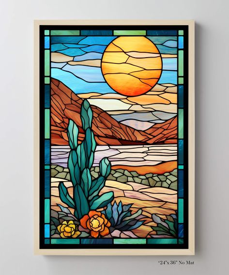 This colorful print of a Texas desert landscape is done in a vivid stained glass style to add a pop of brightness to your space. Look closely to see glass textures and glow within each piece as if light was truly shining through it! *Please Note: - This piece comes with a black border incorporated into the design. - The image may crop slightly different based on the aspect ratio of your print. - The first listing image is a 24"x36" in our white frame option with mat. Stained Glass Landscape, Texas Desert, Glass Landscape, Southwestern Art, Puppy Gifts, West Texas, Glass Style, Desert Landscape, Stained Glass Patterns