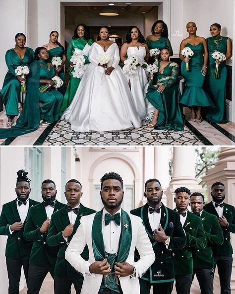 LÒFINDA - UK Wedding Directory’s Instagram post: “Green with envy😍❤️⁣⁣ Love love the colour theme of this bridal train!⁣⁣ ⁣ Photographer @amyanaizphoto Bride @thatyloyalty Groom @marcfly_…” Emerald Green Wedding Theme, African Bridesmaids, Green Wedding Suit, African Bridesmaid Dresses, Green Themed Wedding, Emerald Green Weddings, Wedding Suits Groom, Wedding Dress Pictures, Dream Wedding Ideas Dresses