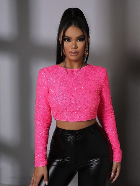 Free Returns ✓ Free Shipping On Orders $49+ ✓. Zip Back Glitter Crop Top- Women Tops at SHEIN. Sparkly Top Outfit, Glitter Tops Outfit, Glitter Crop Top, Sparkly Crop Tops, Hot Pink Tops, Black Crop Top Tank, Sparkly Top, Sequin Crop Top, Pink Sparkly