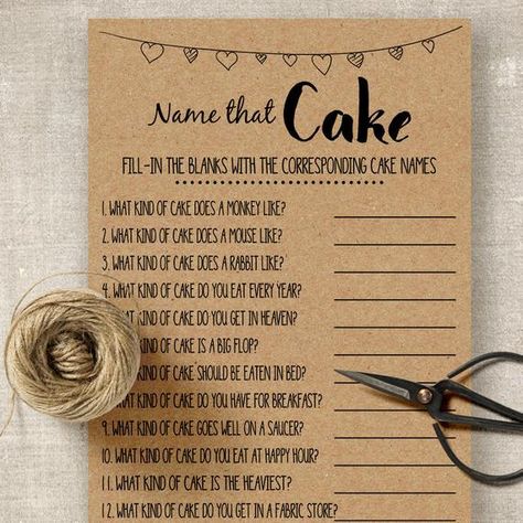 Name that Cake Game Guests fill in the blanks on the right with the corresponding cake names of the clue on the left column. ----------------------------------------------------------------------------------- ► W H A T - IS - I N C L U D E D Bridal Shower Ideas Food, Rustic Bridal Shower Ideas, Bridal Shower Decorations Elegant, Bride Game, Fun Bridal Shower Games, Beach Bridal Showers, Cake Bridal, Rustic Shower, Vintage Bridal Shower